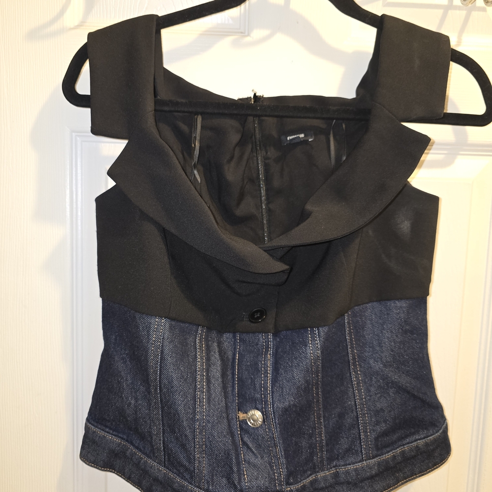 Denim Twill Off The Shoulder Faux Button Front Corset Top